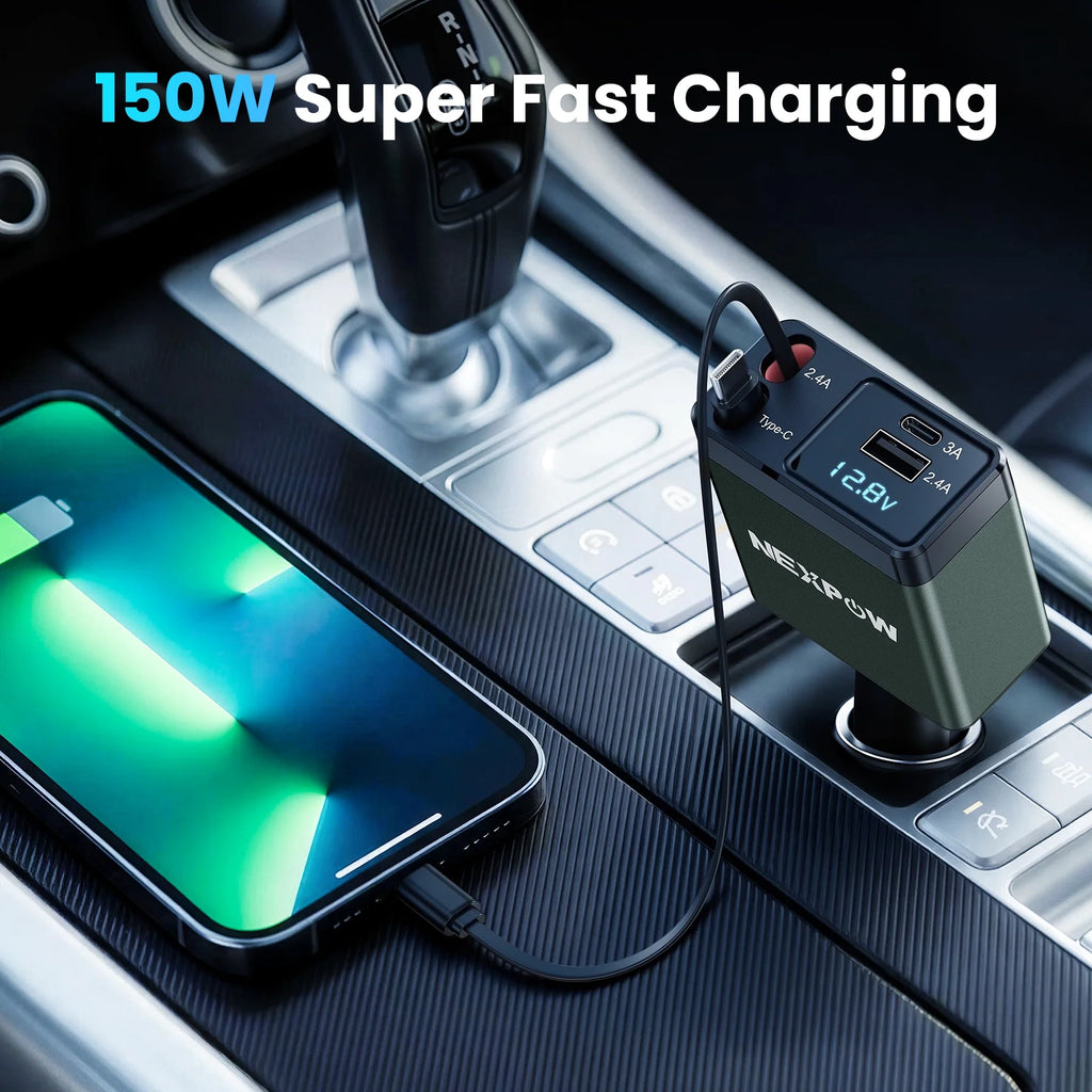 Retractable 150W Fast Car Charger Adapter, 4-in-1 Phone Charger with 2.6Ft Cables, 180° Adjustable Design and Voltage Display - Green