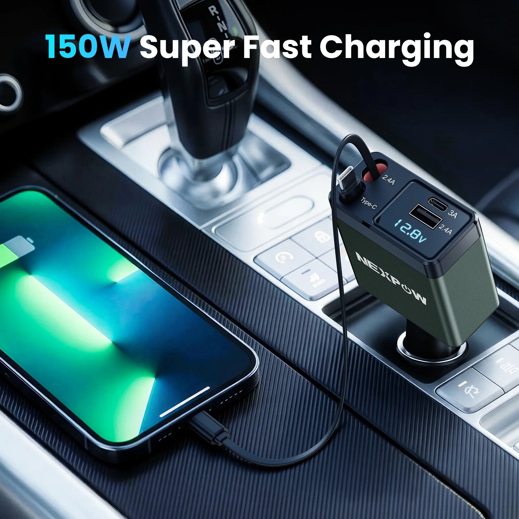 Retractable 150W Fast Car Charger Adapter, 4-in-1 Phone Charger with 2.6Ft Cables, 180° Adjustable Design and Voltage Display - Green