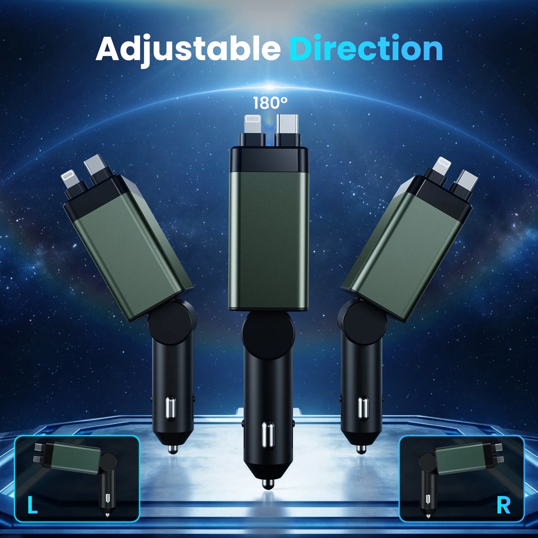 Retractable 150W Fast Car Charger Adapter, 4-in-1 Phone Charger with 2.6Ft Cables, 180° Adjustable Design and Voltage Display - Green