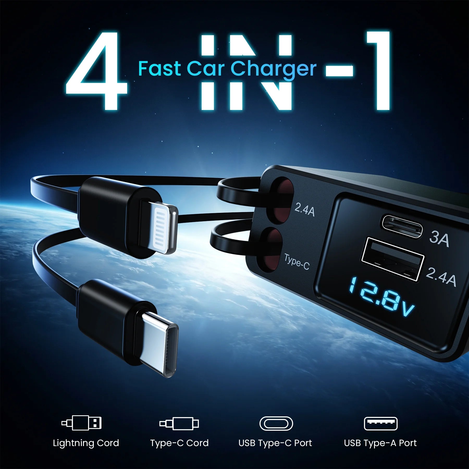 Retractable 150W Fast Car Charger Adapter, 4-in-1 Phone Charger with 2.6Ft Cables, 180° Adjustable Design and Voltage Display - Green