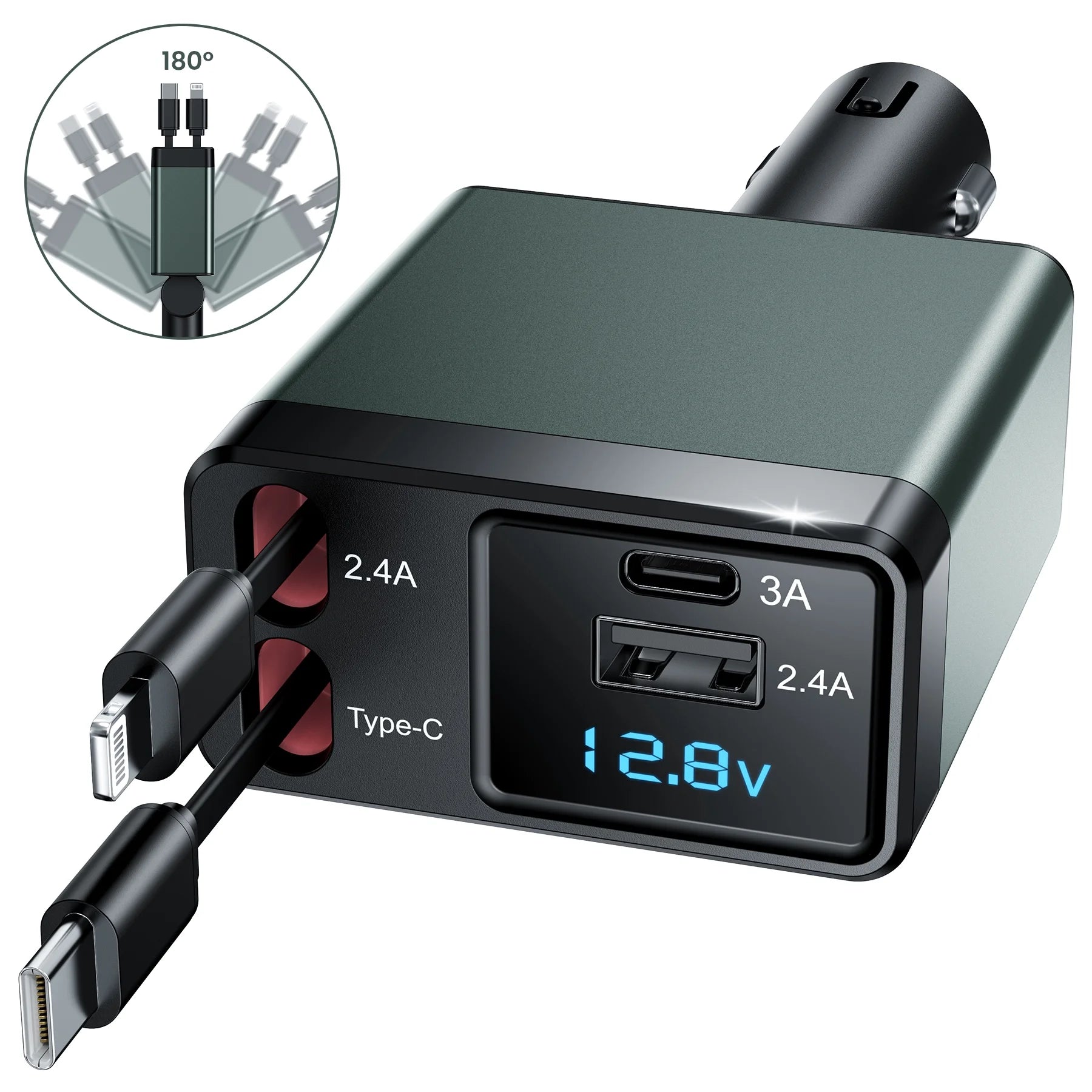 Retractable 150W Fast Car Charger Adapter, 4-in-1 Phone Charger with 2.6Ft Cables, 180° Adjustable Design and Voltage Display - Green