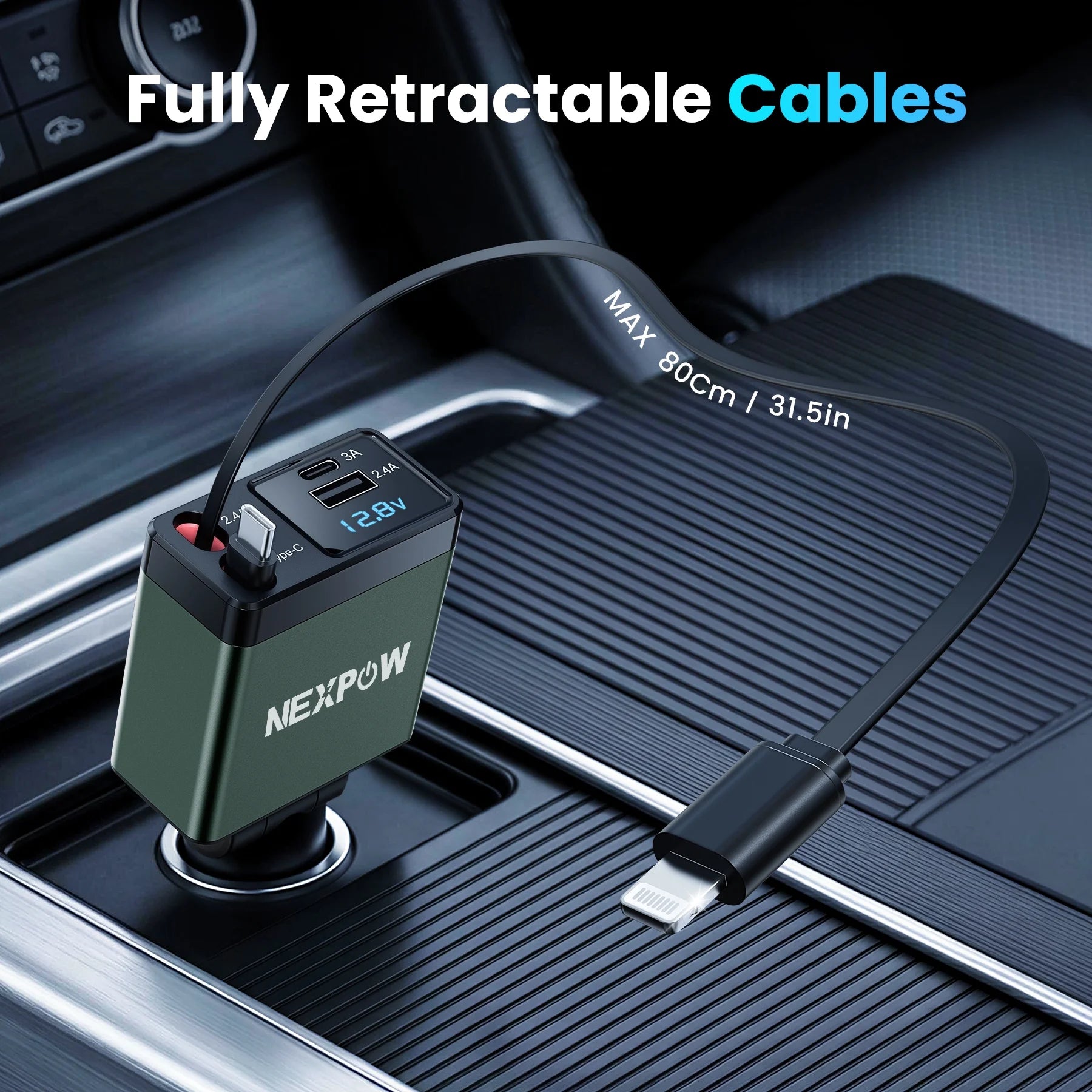 Retractable 150W Fast Car Charger Adapter, 4-in-1 Phone Charger with 2.6Ft Cables, 180° Adjustable Design and Voltage Display - Green